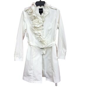 Insight‎ New York White Rosette Ruffle Belted Trench Coat Jacket Womens Size 2